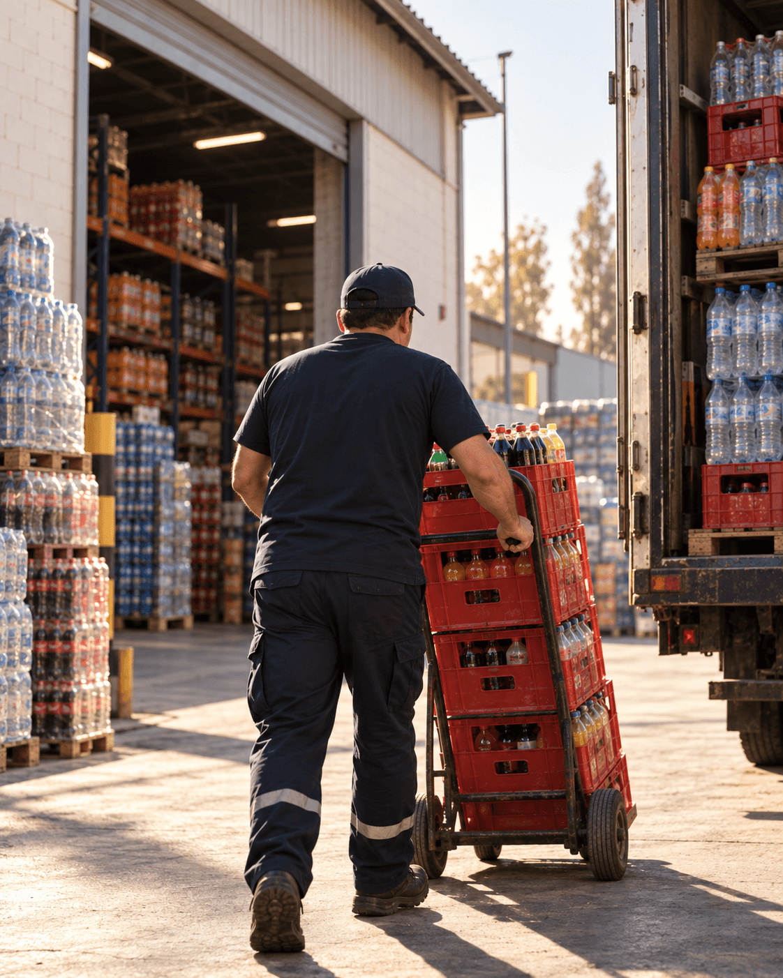 Persona del equipo de reparto trasladando cajas en una bodega