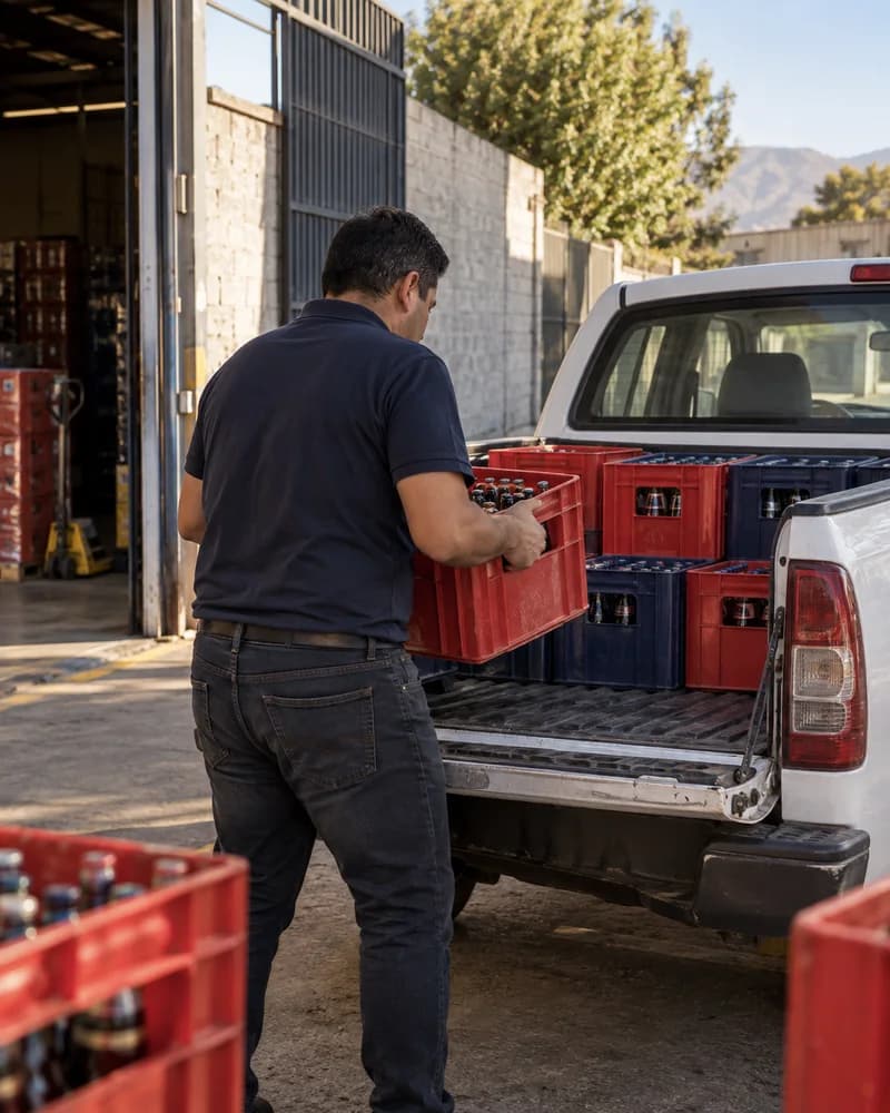 Imagen ilustrativa de un trabajador cargando bebidas en una camioneta
