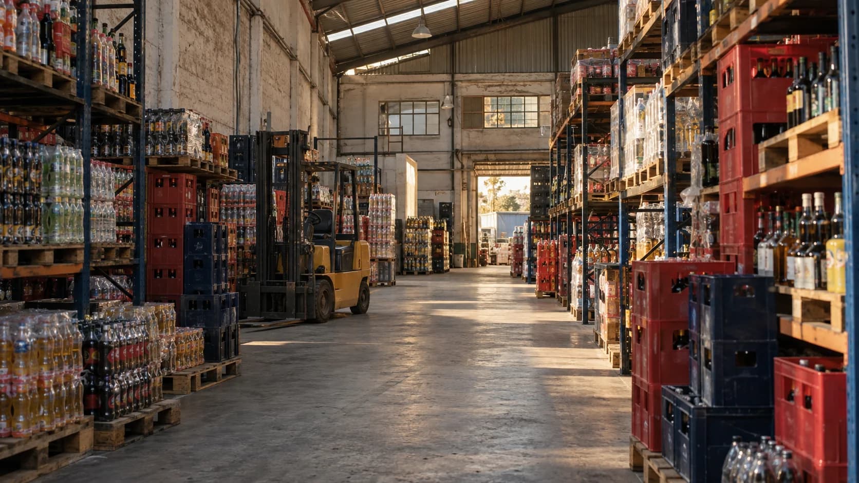 Imagen generada de una bodega de bebidas con pasillos y cajas apiladas